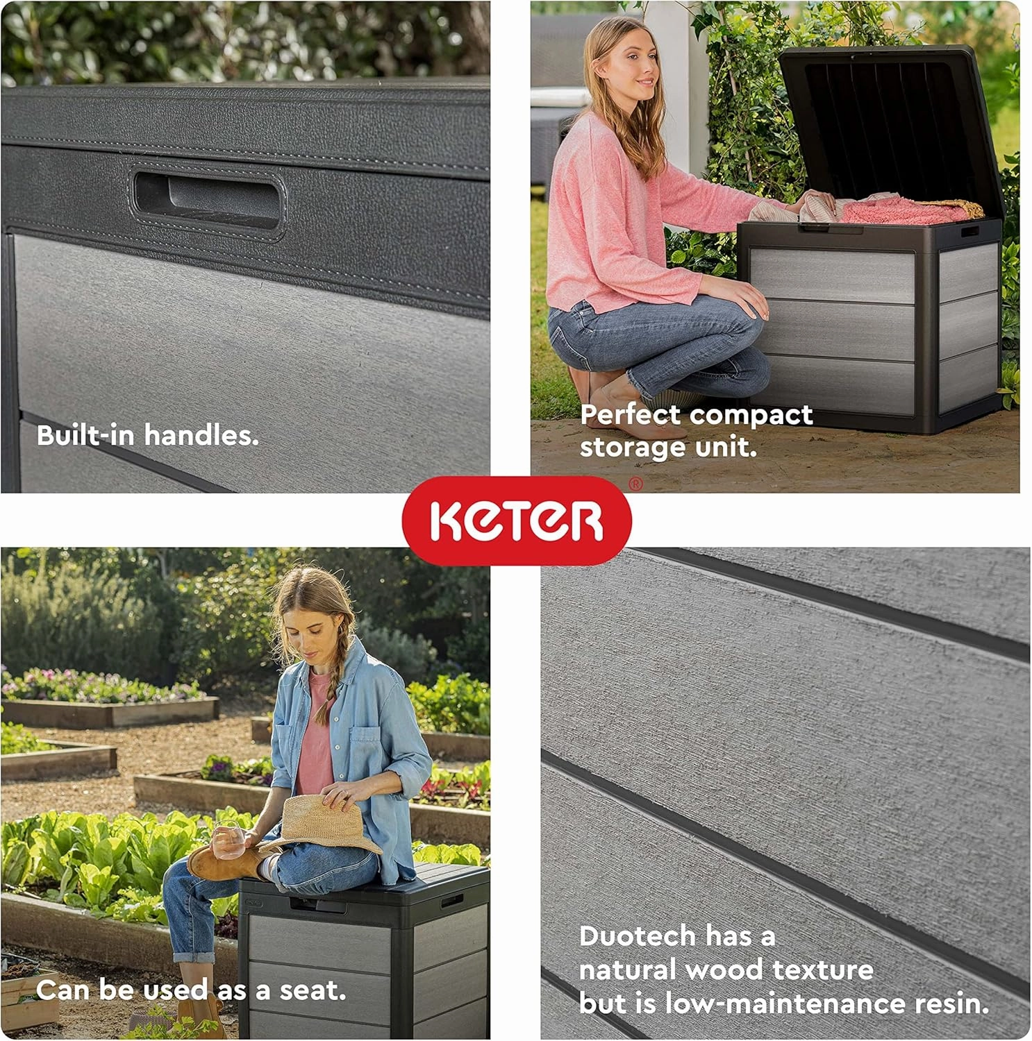 Keter Denali 30 Gallon Resin Outdoor Storage Box and Patio Storage Box Side Table for Pool and Garden Accessories, Grey & Black