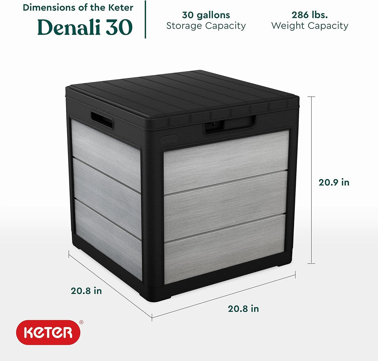 Keter Denali 30 Gallon Resin Outdoor Storage Box and Patio Storage Box Side Table for Pool and Garden Accessories, Grey & Black