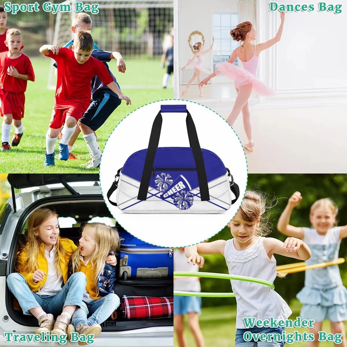 Kid Cheer Duffel Bag Travel Weekender Overnight Bag Sports Gym Bags for Girls Boys Personalized Gymnastics Sleepover Bag Waterproof Carry-on Bags Collapsible Work Out Bags Blue Silvery White