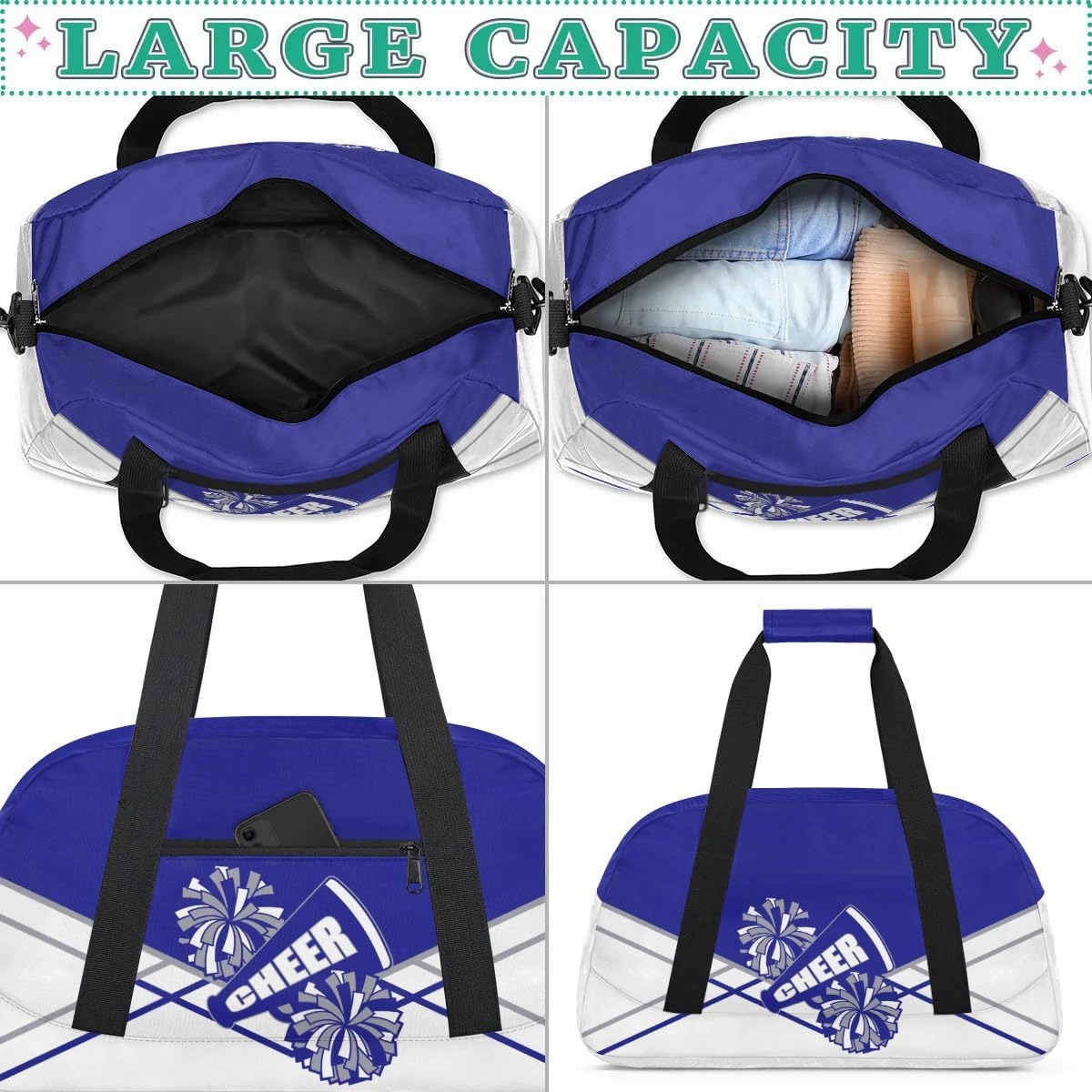 Kid Cheer Duffel Bag Travel Weekender Overnight Bag Sports Gym Bags for Girls Boys Personalized Gymnastics Sleepover Bag Waterproof Carry-on Bags Collapsible Work Out Bags Blue Silvery White