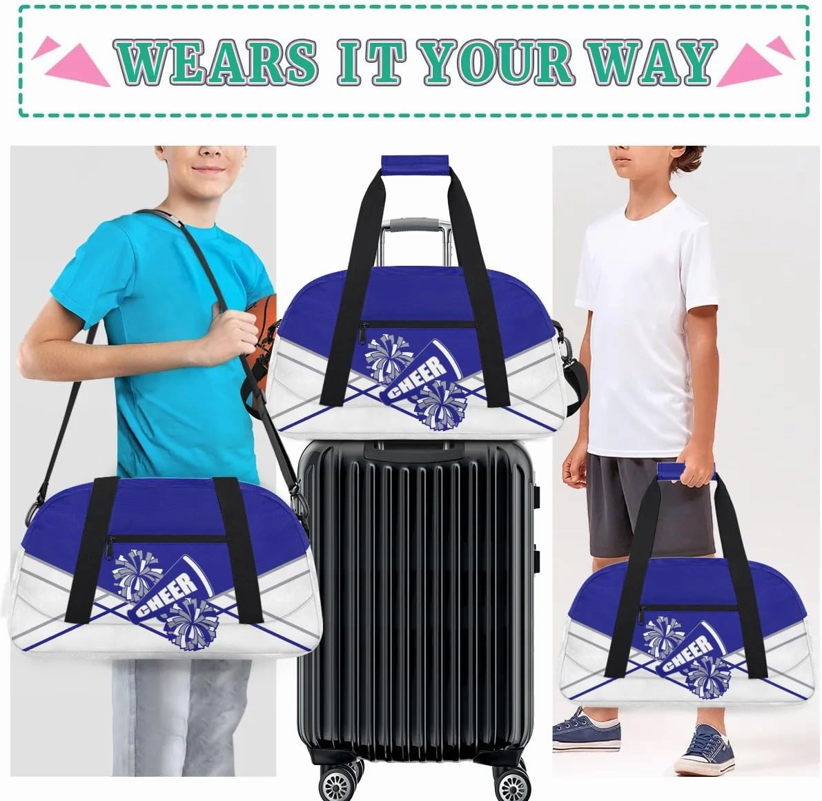 Kid Cheer Duffel Bag Travel Weekender Overnight Bag Sports Gym Bags for Girls Boys Personalized Gymnastics Sleepover Bag Waterproof Carry-on Bags Collapsible Work Out Bags Blue Silvery White