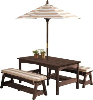 KidKraft Outdoor Wooden Table & Bench Set with Cushions and Umbrella, Kids Backyard Furniture, Espresso with Oatmeal and White Stripe Fabric