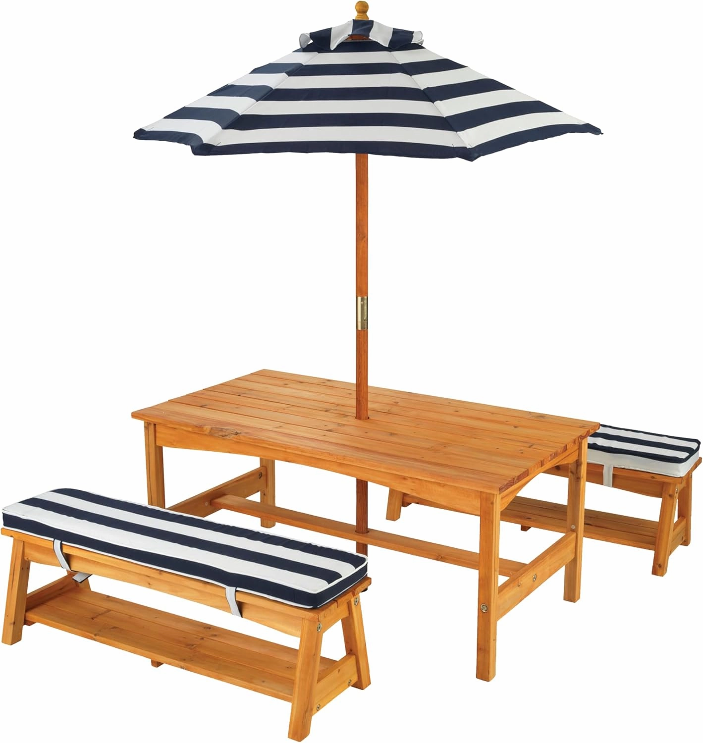 KidKraft Outdoor Wooden Table & Bench Set with Cushions and Umbrella, Kids Backyard Furniture, Navy and White Stripe Fabric