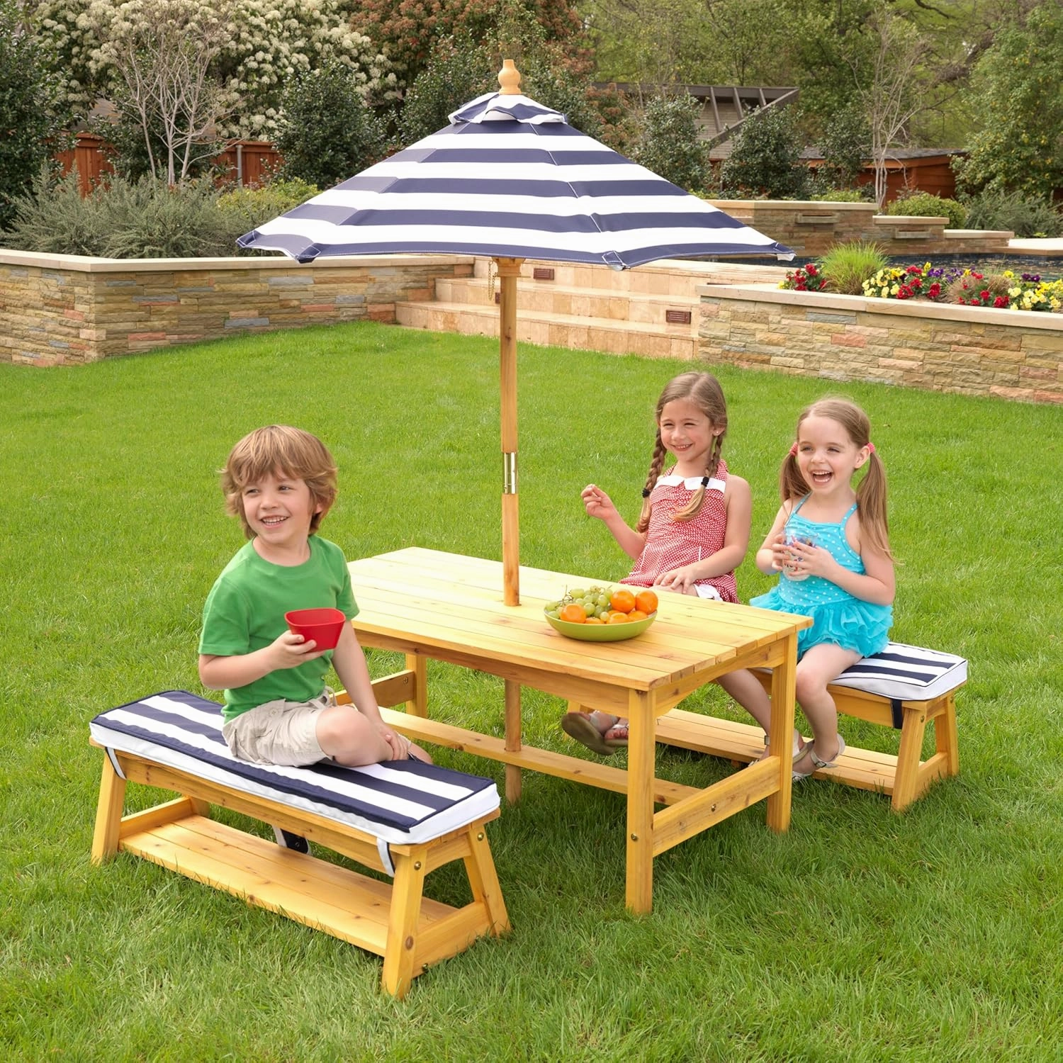 KidKraft Outdoor Wooden Table & Bench Set with Cushions and Umbrella, Kids Backyard Furniture, Navy and White Stripe Fabric