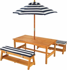 KidKraft Outdoor Wooden Table & Bench Set with Cushions and Umbrella, Kids Backyard Furniture, Navy and White Stripe Fabric