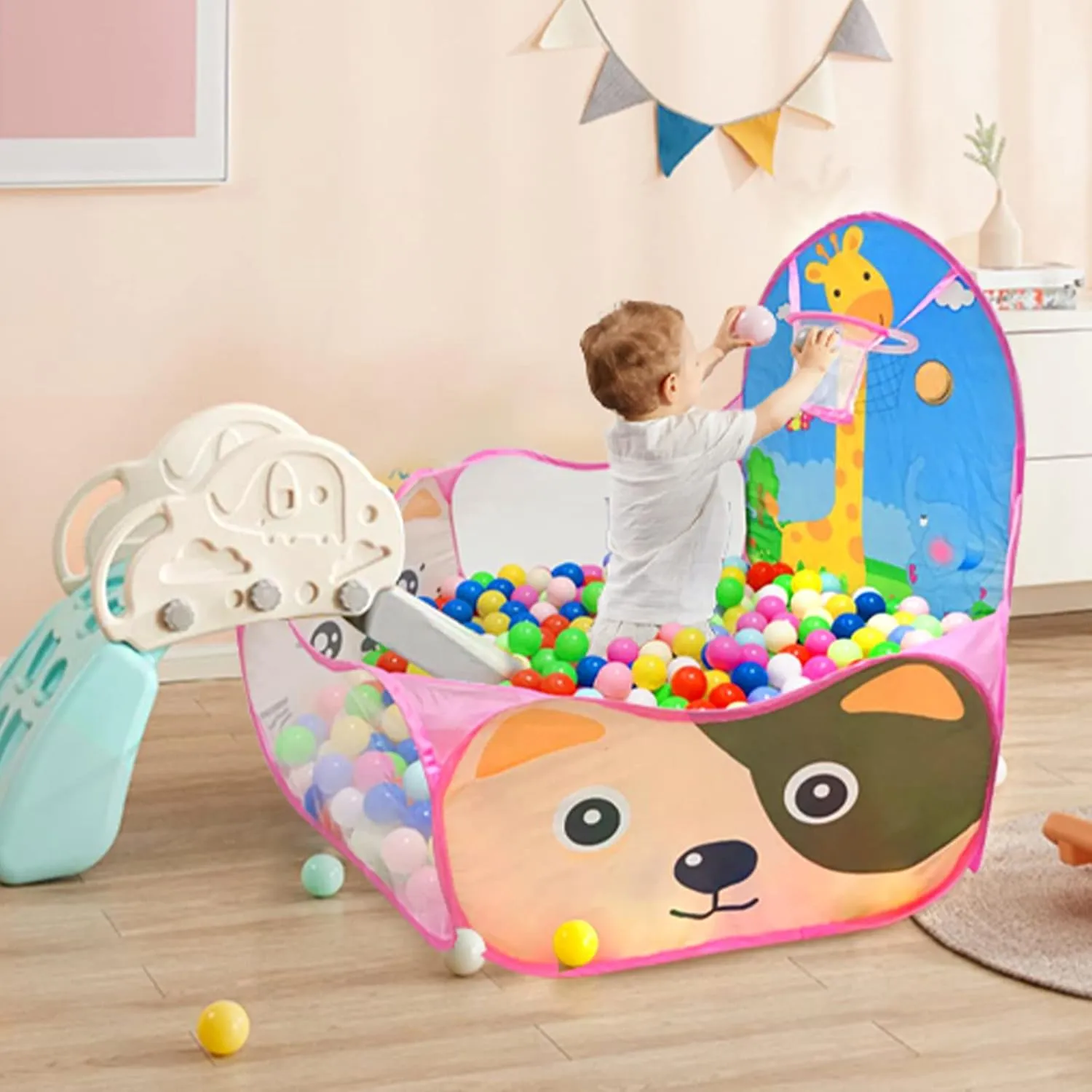 Kids Ball Pit, Pop Up Children Play Tent, Toddler Ball Pool Baby Crawl Playpen with Basketball Hoop, Portable Toys for Girls Boys, 4 ft / 120 cm, Balls Not Included, Animal