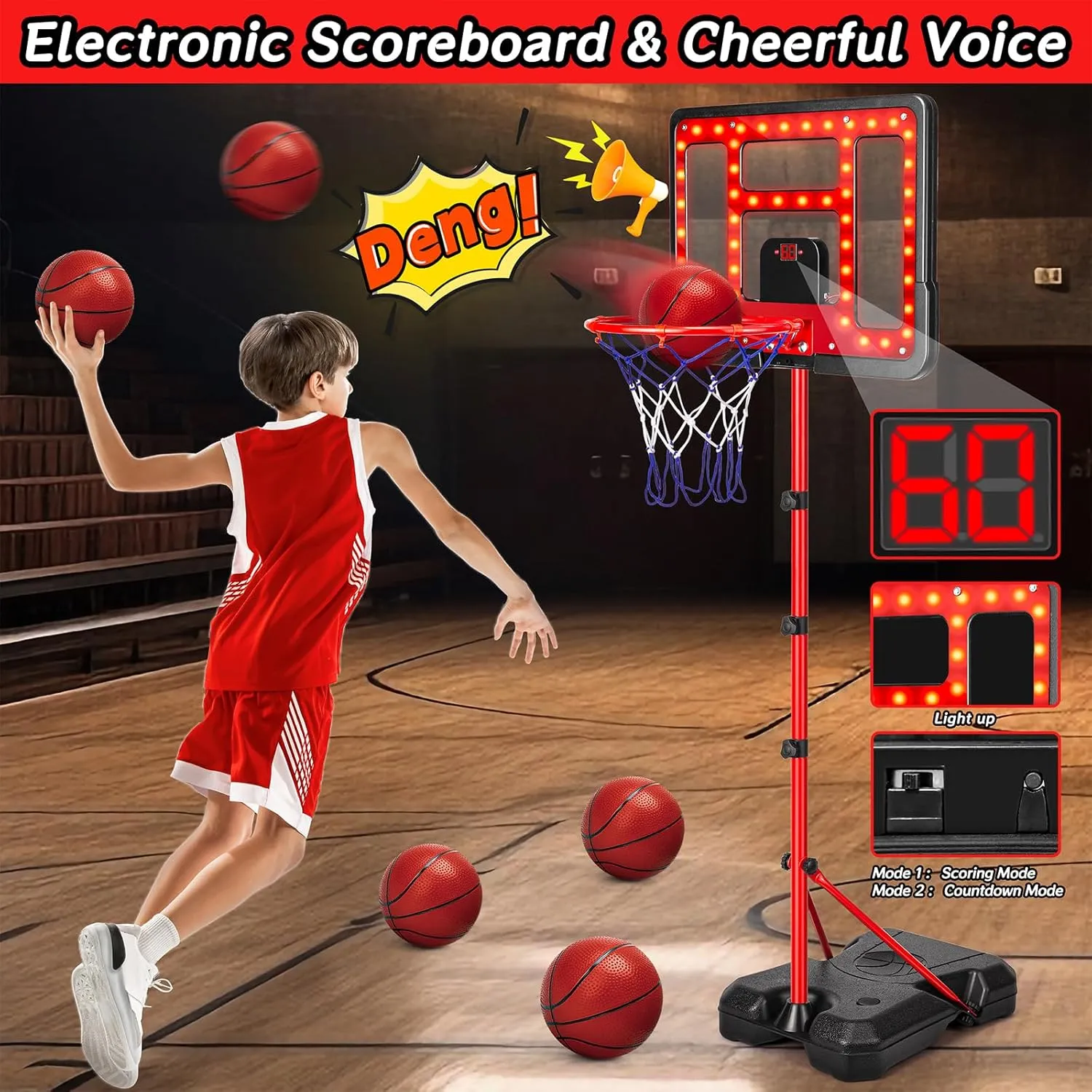 Kids Basketball Hoop Adjustable Height 3.5FT-6.2FT, Indoor Outdoor Toddler Basketball Hoop with LED Scoreboard, Boys Basketball Toy for 3 4 5 6 7 8 Years Gift, Portable Basketball Goals Sport Game