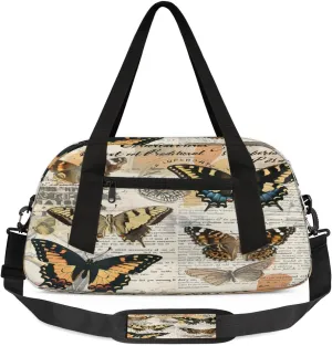 Kids Gym Bag with Adjustable Shoulder Strap, Vintage Retro Flower Butterfly Newspaper Boys & Girls Travel Sport Duffle Bag School for Overnight Travel Bag