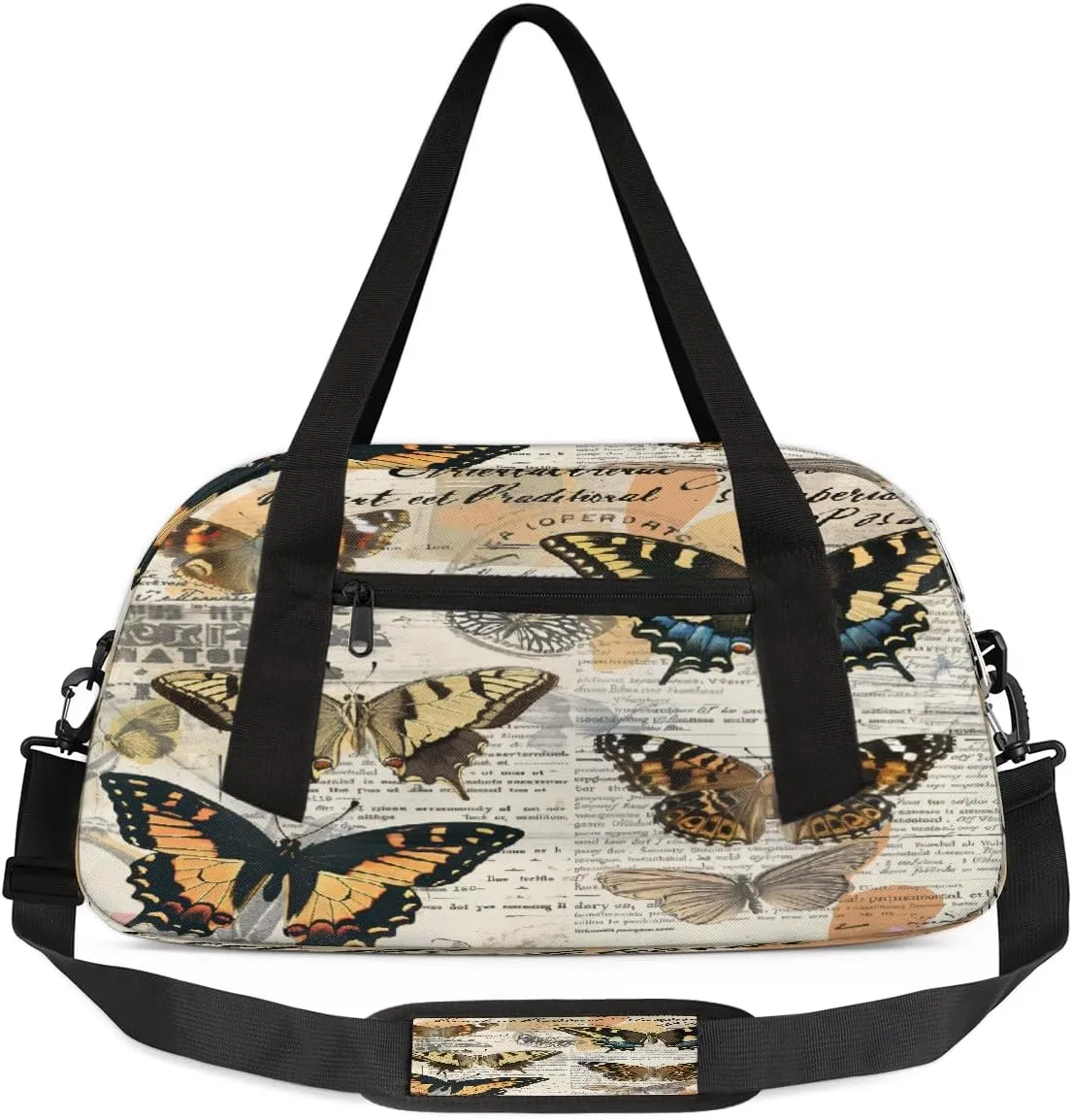 Kids Gym Bag with Adjustable Shoulder Strap, Vintage Retro Flower Butterfly Newspaper Boys & Girls Travel Sport Duffle Bag School for Overnight Travel Bag