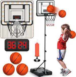 Kids Indoor Basketball Hoop with Scoreboard & Timer,Toddler Adjustable Height 3ft-5.8ft Basketball Hoop with Stand Goal Toy for Outdoor Backyard,Sports Game Play for Boys Age 3-8