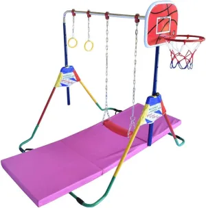 Kids Jungle Gym 4 in 1 Horizontal Bar w 2x6 FT Tumble Mat Monkey Bar Playground Horizontal Gymnastics Bar, Deluxe Swing Set, Trapeze Rings and Basketball Net Adjustable Foldable