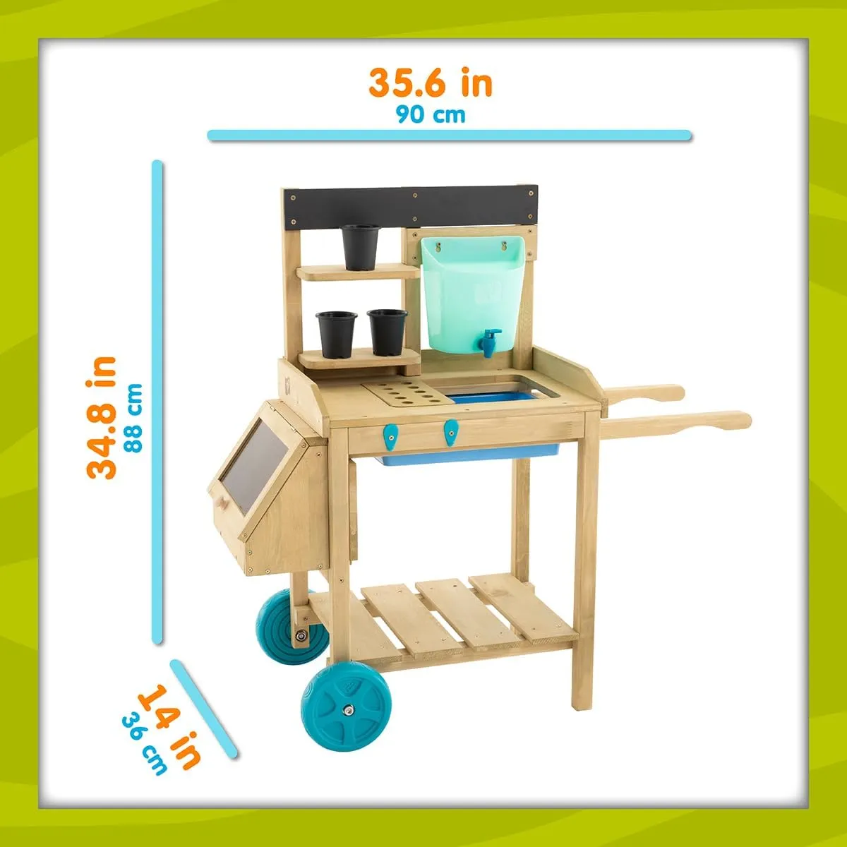 Kids Potting Bench, Outdoor Wooden Toy Toddler Gardening Table with Wheels, Sink & Faucet, Storage Shelves, Planting Pots, Durable, Weatherproof Backyard Playset for Kids Age 3  Years