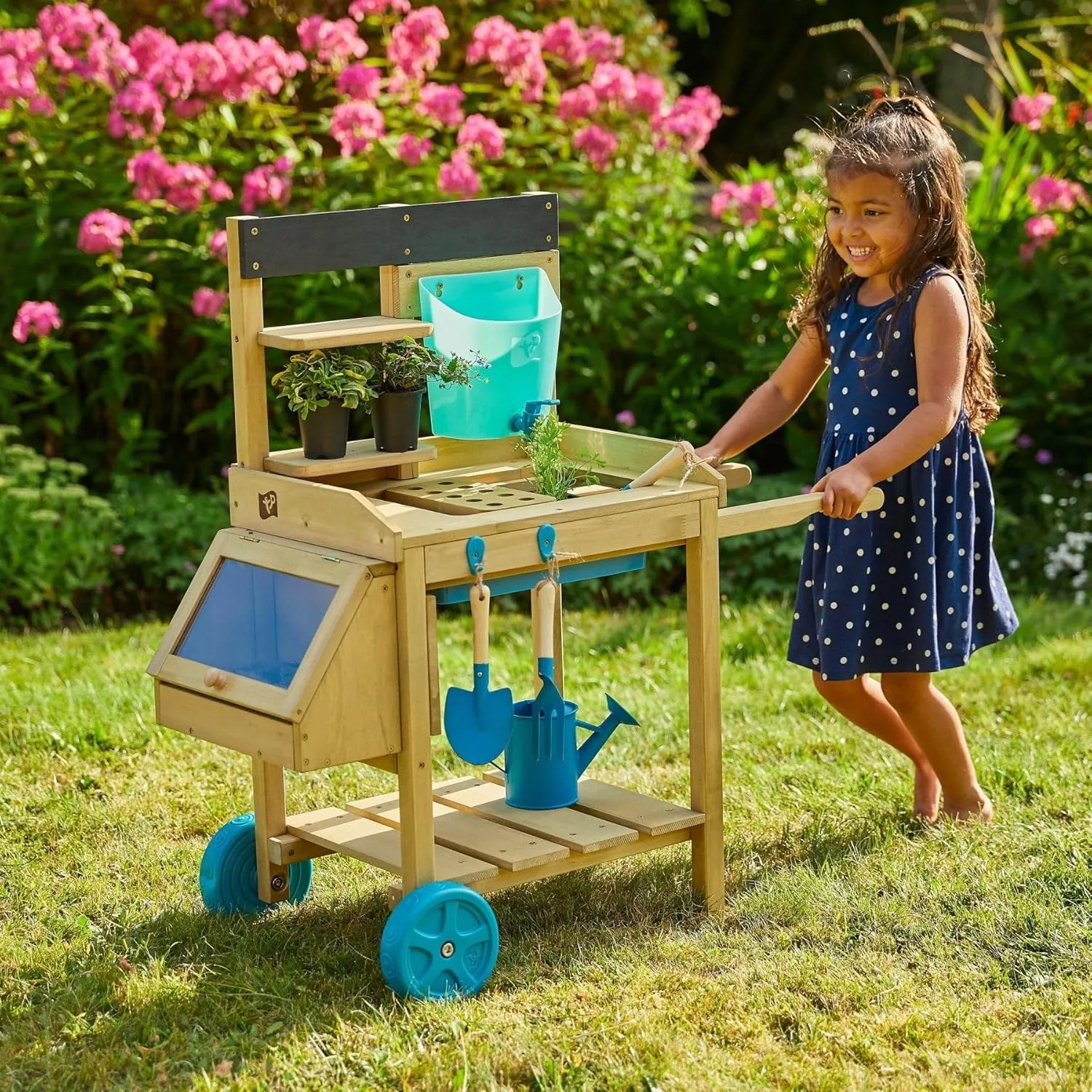 Kids Potting Bench, Outdoor Wooden Toy Toddler Gardening Table with Wheels, Sink & Faucet, Storage Shelves, Planting Pots, Durable, Weatherproof Backyard Playset for Kids Age 3  Years