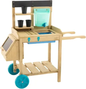 Kids Potting Bench, Outdoor Wooden Toy Toddler Gardening Table with Wheels, Sink & Faucet, Storage Shelves, Planting Pots, Durable, Weatherproof Backyard Playset for Kids Age 3  Years