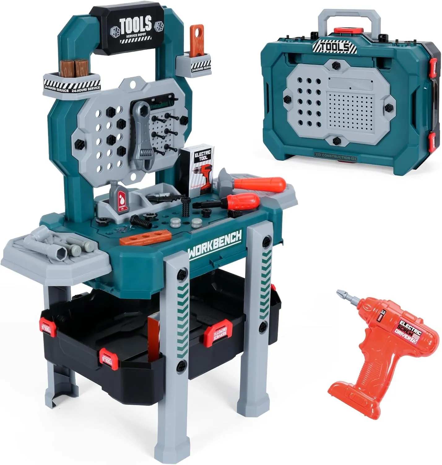 Kids Tool Bench Set with Electric Drill and Realistic Tool, 2-in-1 Pretend Play Construction Workbench Toys for Boys & Girls, Ages 3 , Blue