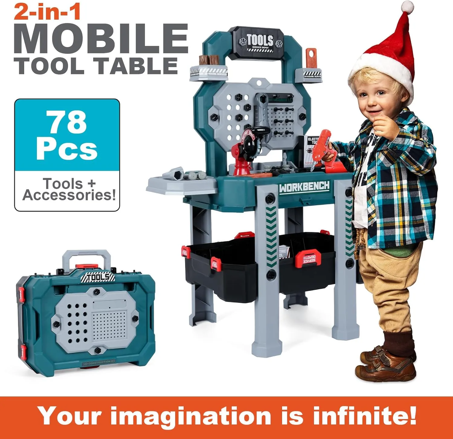 Kids Tool Bench Set with Electric Drill and Realistic Tool, 2-in-1 Pretend Play Construction Workbench Toys for Boys & Girls, Ages 3 , Blue