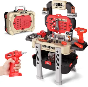 Kids Tool Bench, Toddler Workbench with Electric Drill and 78 Realistic Toy Tools, Toy Tool Bench Workshop, Pretend Play Kids Tool Set for Boys,Red, Large Size