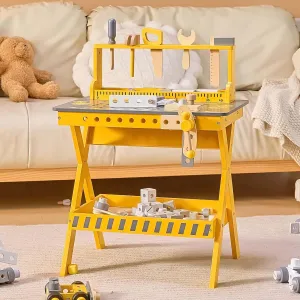 Kids Tool Bench with Sturdy Wood, Toddler Workbench with Realistic Toy Construction Set, Toy Tools Set and Multiple Ceative Pieces for 3-6 Year Old Boys and Girls, Yellow