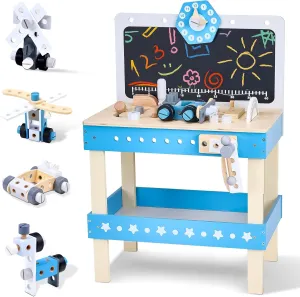 Kids Tool Set, Wooden Kids Tool Workbench Playset with STEM Construction Toys, Toddler Tool Bench with Ample Storage Space and Blackboard, Creative Gifts Tool Bench for Kids Ages 3-7, Dark Blue
