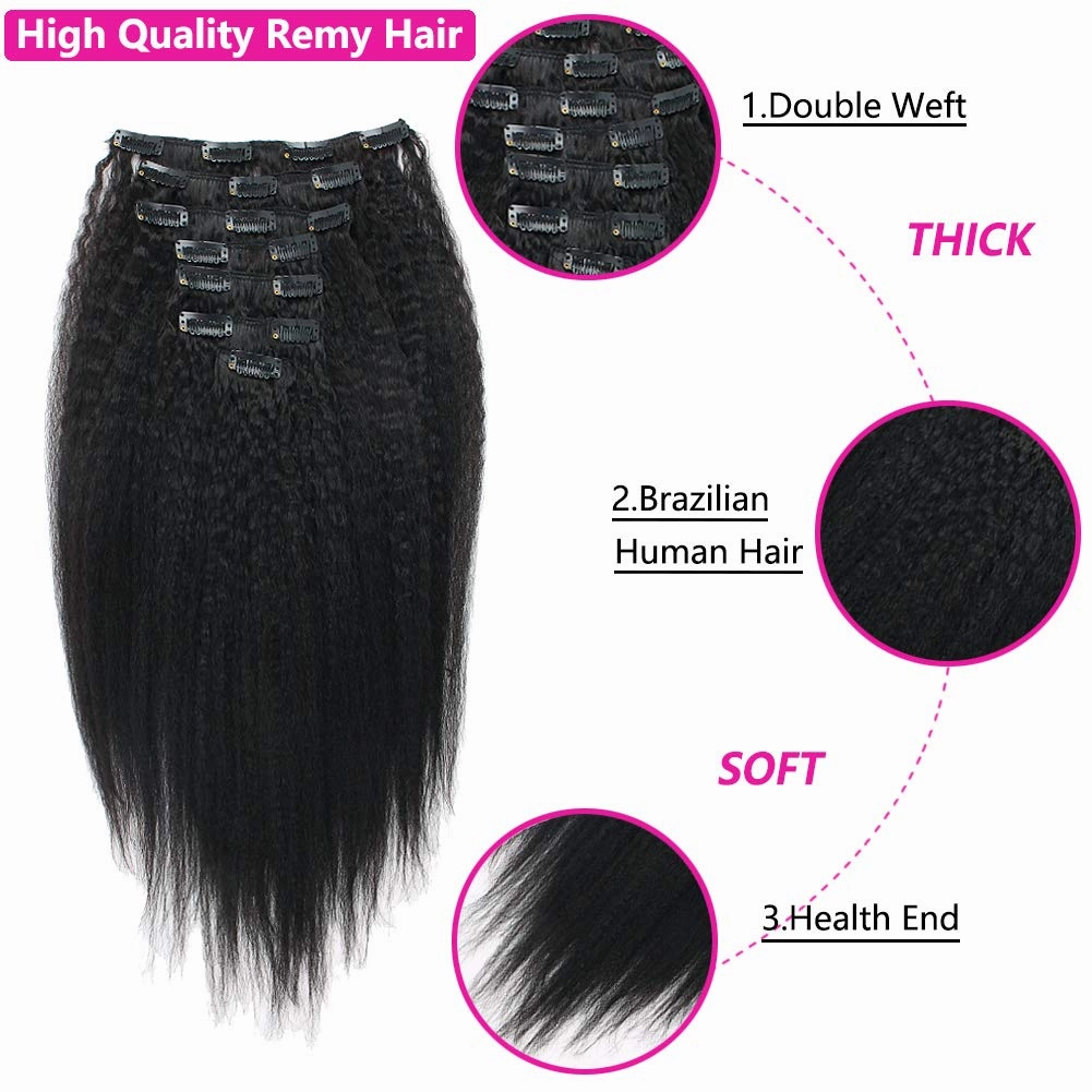 Kinkys Straight Hair Clip in Hair Extensions for Black Women Brazilian Virgin Double Weft Human Hair 7 Pieces 120g with 17 Clips 14 Inch