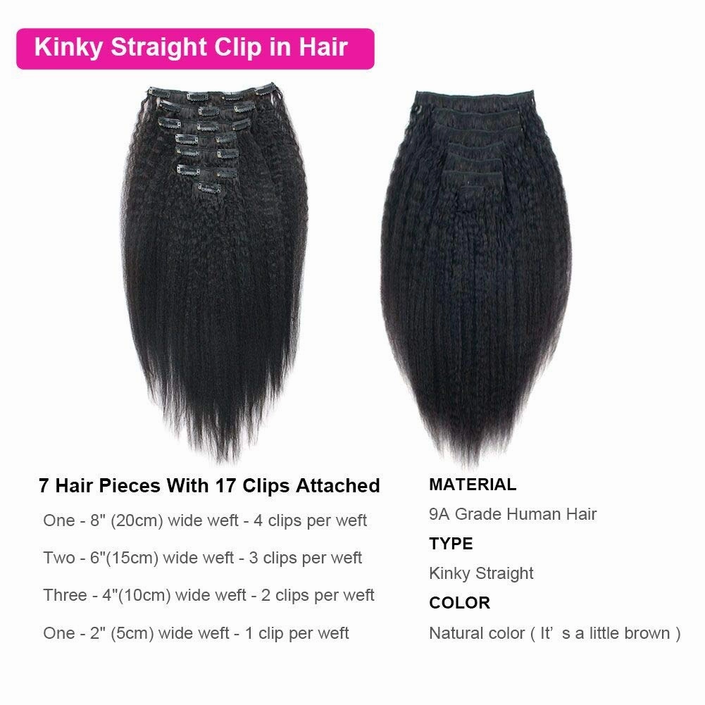 Kinkys Straight Hair Clip in Hair Extensions for Black Women Brazilian Virgin Double Weft Human Hair 7 Pieces 120g with 17 Clips 14 Inch