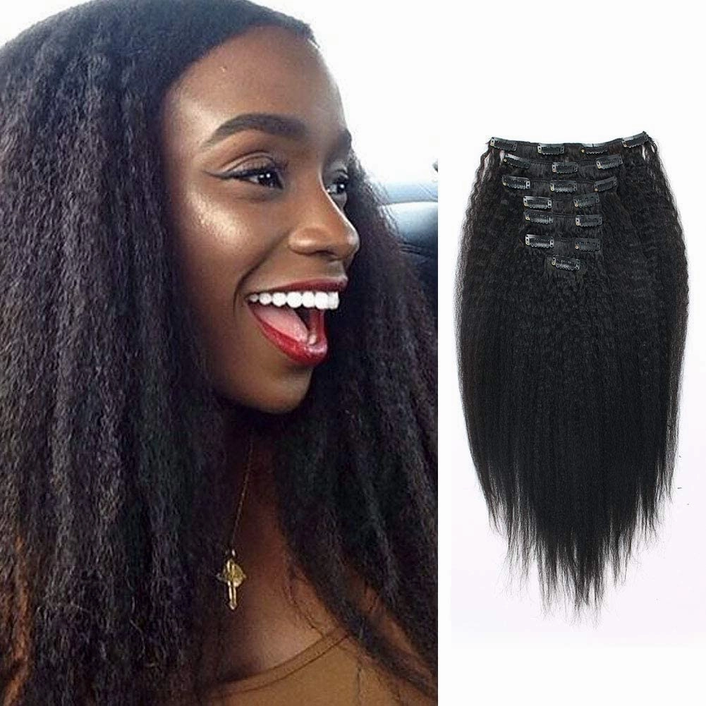 Kinkys Straight Hair Clip in Hair Extensions for Black Women Brazilian Virgin Double Weft Human Hair 7 Pieces 120g with 17 Clips 14 Inch