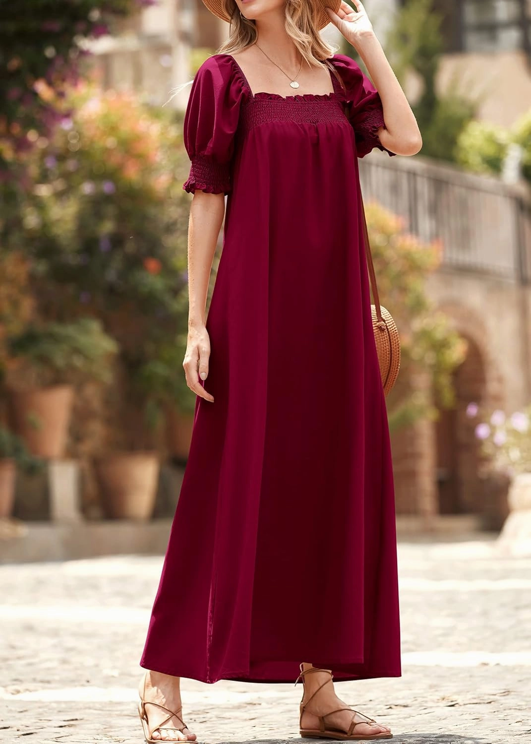 KIRUNDO Women 2025 Summer Maxi Dress Casual Loose Puff Sleeve Square Neck Maternity Flowy Long Beach Dresses with Pockets