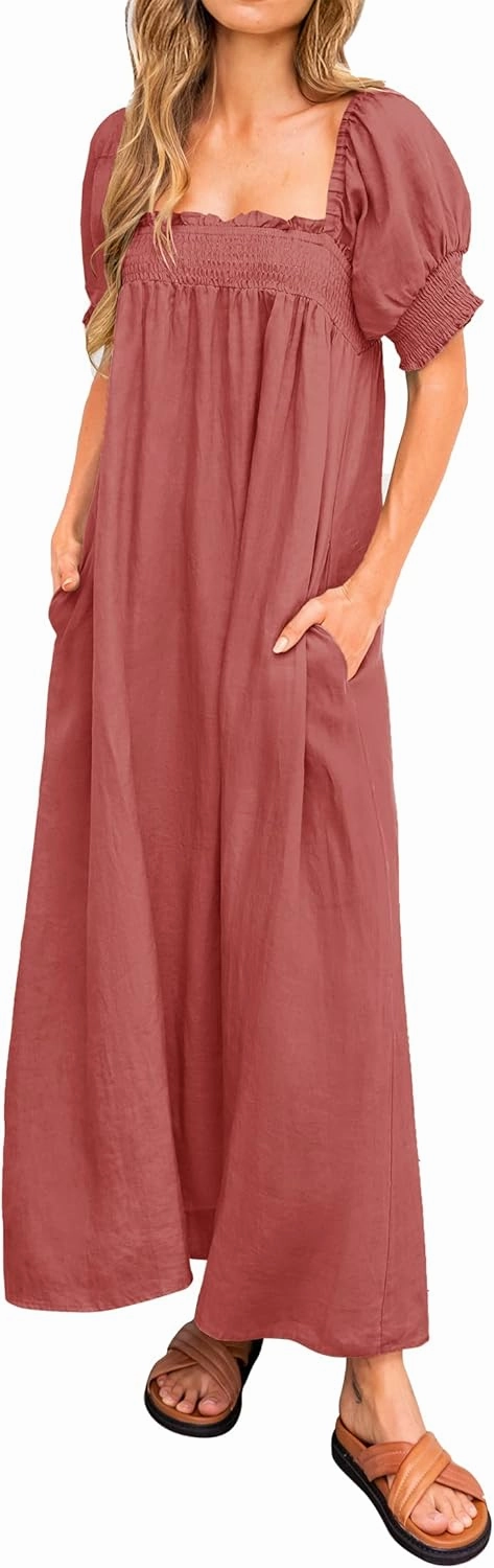 KIRUNDO Women 2025 Summer Maxi Dress Casual Loose Puff Sleeve Square Neck Maternity Flowy Long Beach Dresses with Pockets