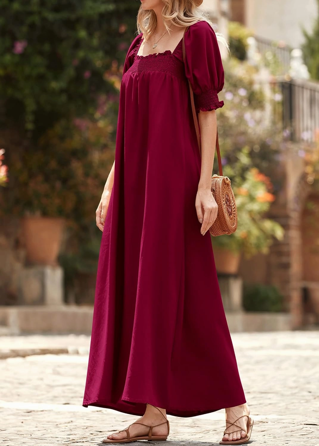 KIRUNDO Women 2025 Summer Maxi Dress Casual Loose Puff Sleeve Square Neck Maternity Flowy Long Beach Dresses with Pockets