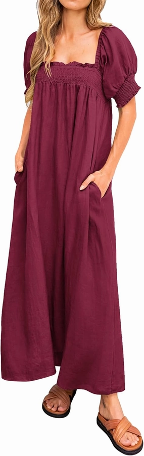 KIRUNDO Women 2025 Summer Maxi Dress Casual Loose Puff Sleeve Square Neck Maternity Flowy Long Beach Dresses with Pockets