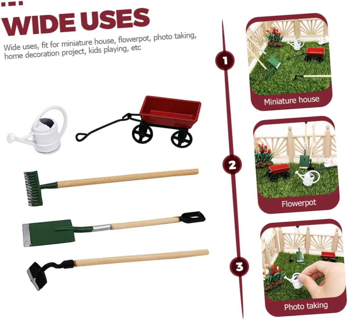 Kisangel 5 Sets Miniature Gardening Tool Dollhouse Accessories for Micro Garden Scene Decor Enhance Imagination Creativity for Fairy Garden Projects