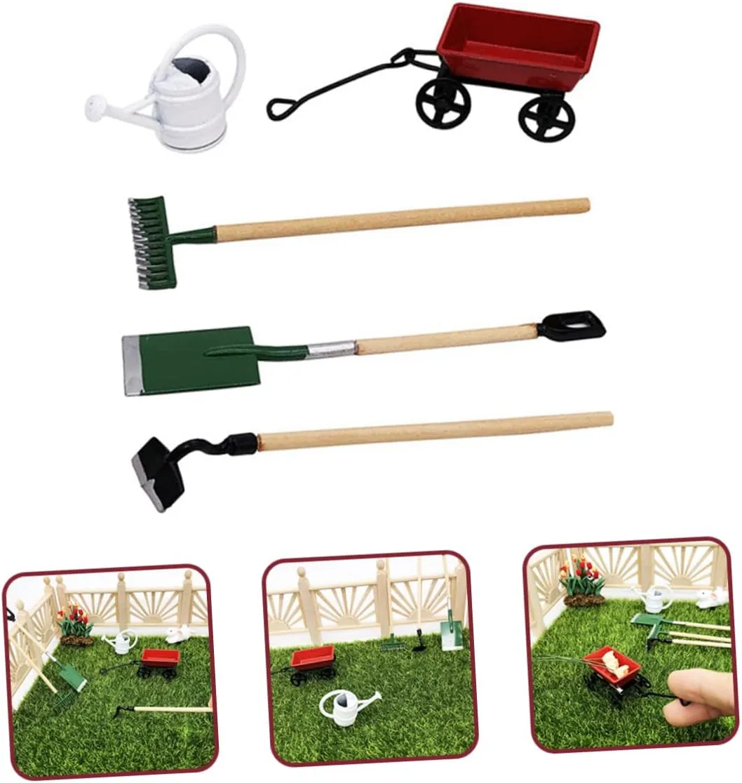 Kisangel 5 Sets Miniature Gardening Tool Dollhouse Accessories for Micro Garden Scene Decor Enhance Imagination Creativity for Fairy Garden Projects