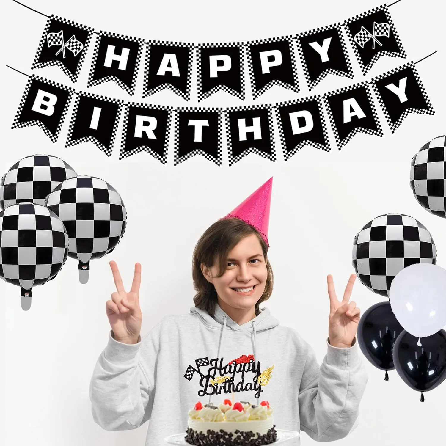 KLHKL Race Car Birthday Party Supplies 1Pcs Racing style banner Cake Topper 10Pcs Checkered Racing Balloons 20Pcs latex balloon for any Car Theme Party