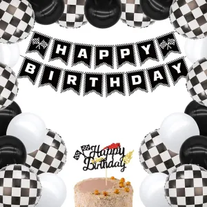 KLHKL Race Car Birthday Party Supplies 1Pcs Racing style banner Cake Topper 10Pcs Checkered Racing Balloons 20Pcs latex balloon for any Car Theme Party