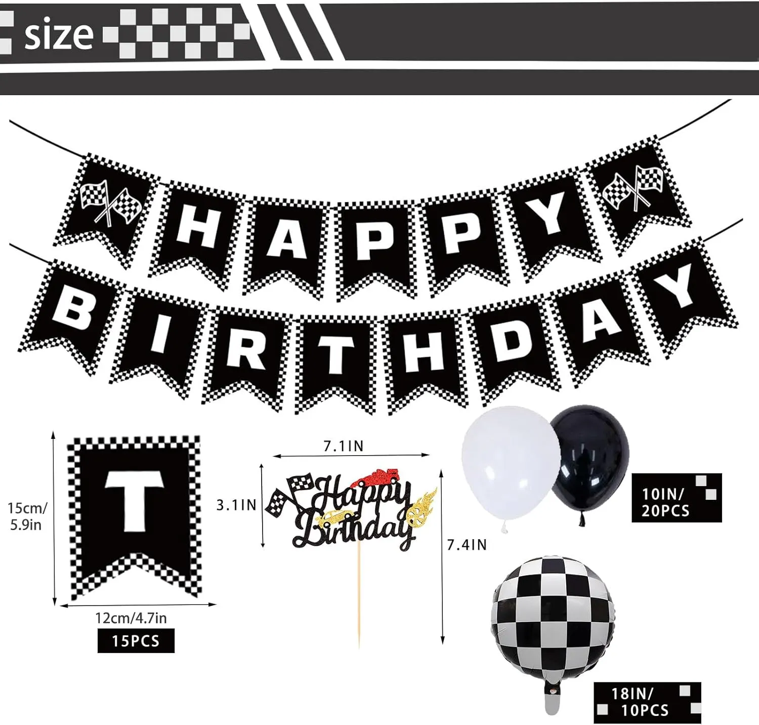 KLHKL Race Car Birthday Party Supplies 1Pcs Racing style banner Cake Topper 10Pcs Checkered Racing Balloons 20Pcs latex balloon for any Car Theme Party