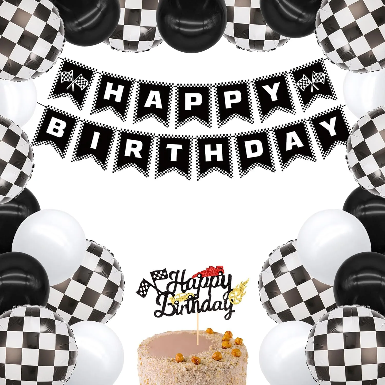 KLHKL Race Car Birthday Party Supplies 1Pcs Racing style banner Cake Topper 10Pcs Checkered Racing Balloons 20Pcs latex balloon for any Car Theme Party