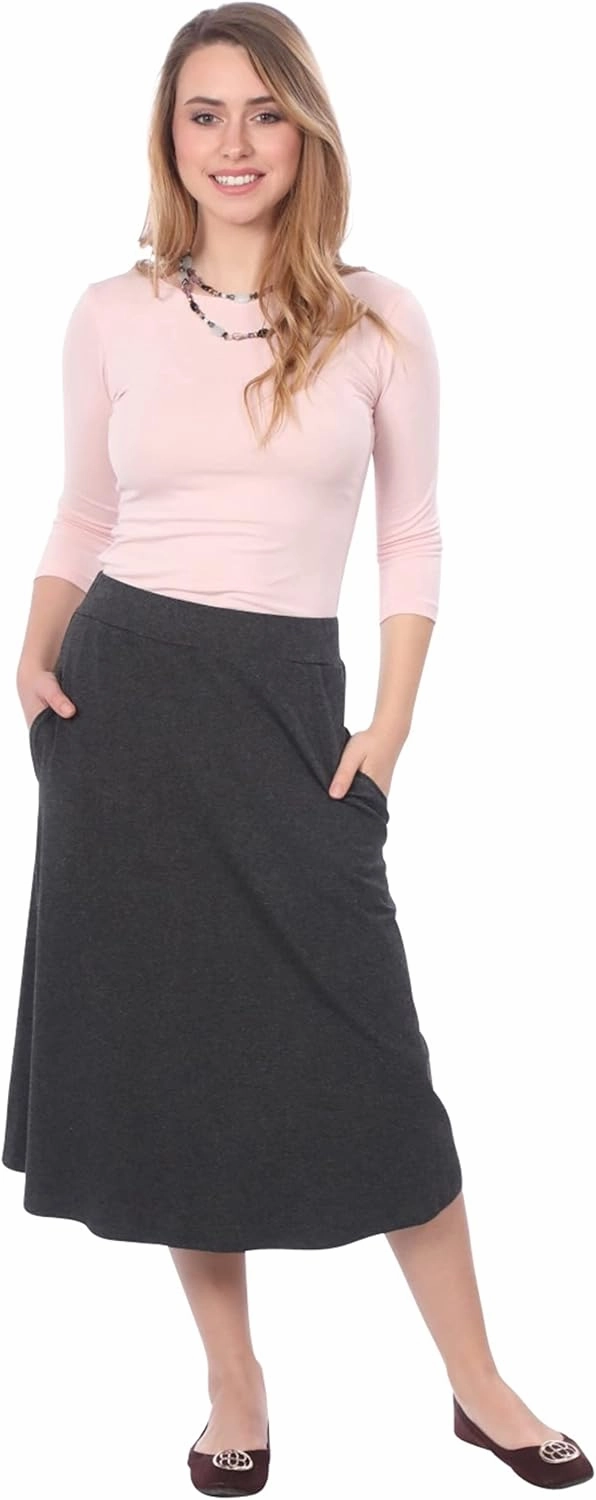 Kosher Casual Women’s Modest Lightweight Mid-Calf A-Line Skirt with On Seam Pockets