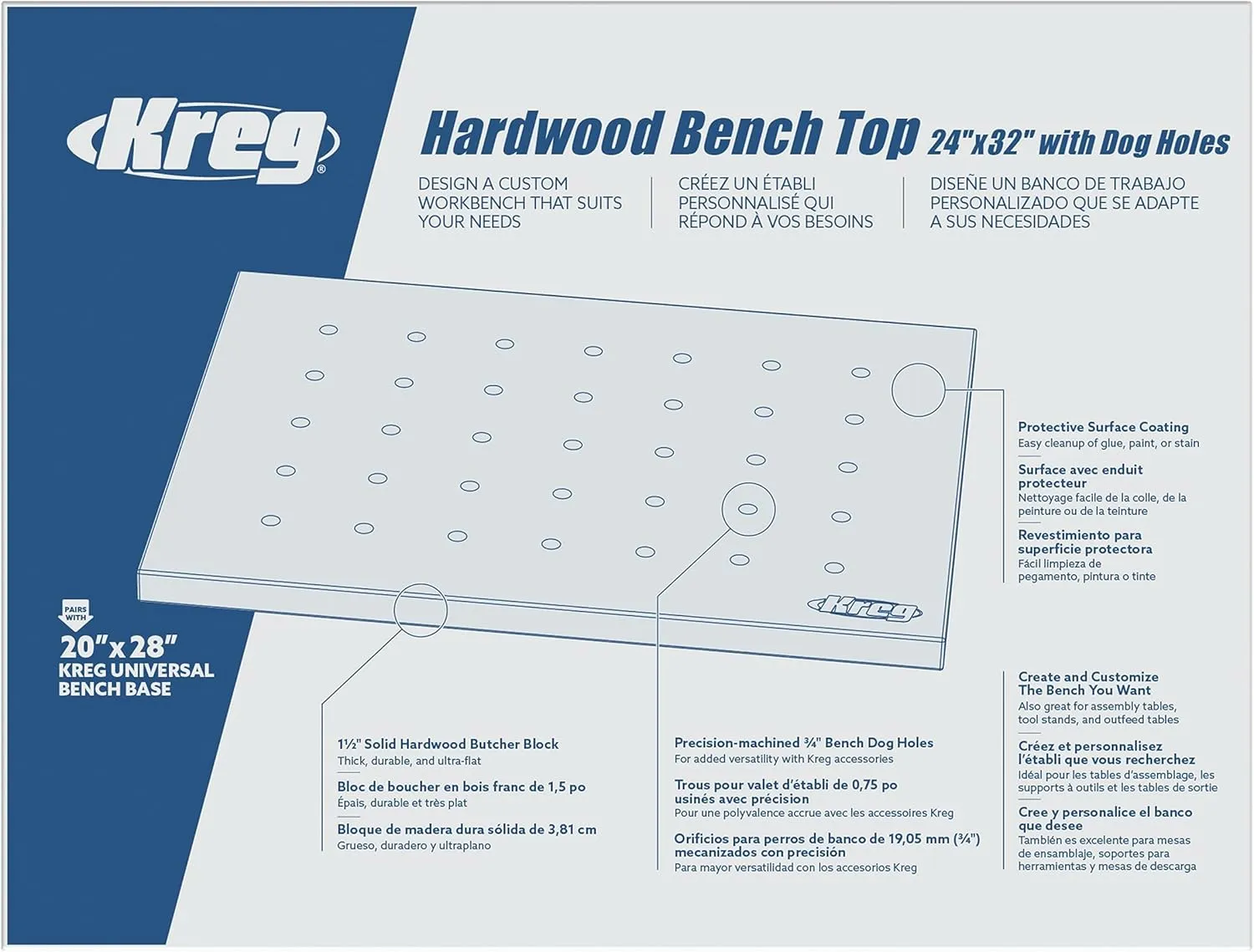 Kreg Hardwood Bench Top 24" x 32" with Dog Holes