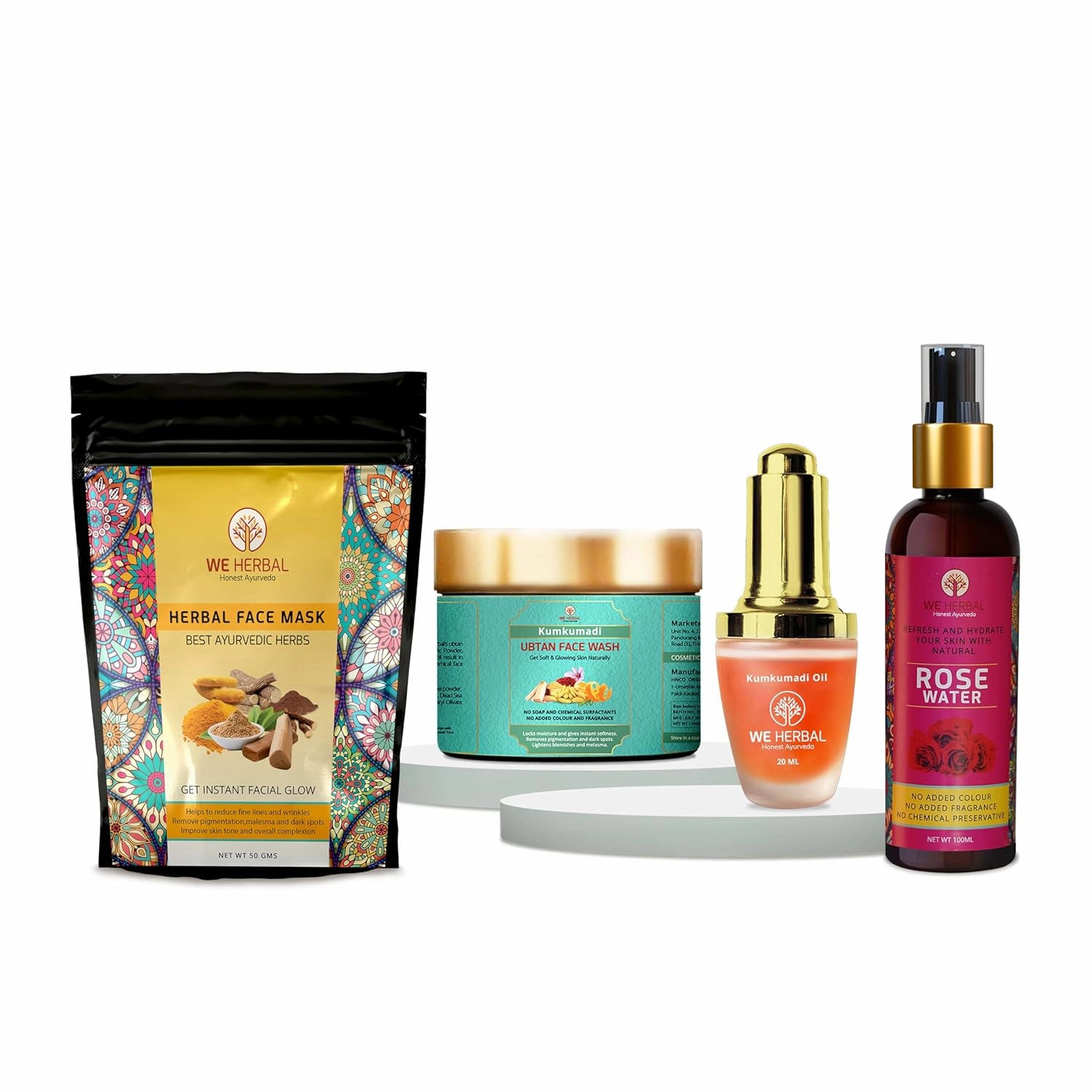 Kumkumadi Oil Combo | Ayurvedic Beauty Set with Kumkumadi Oil 20ml, Kumkumadi Ubtan Face Wash 100g, Rose Water 100ml & Herbal Face Mask 50g | Natural Skincare | Glowing Skin