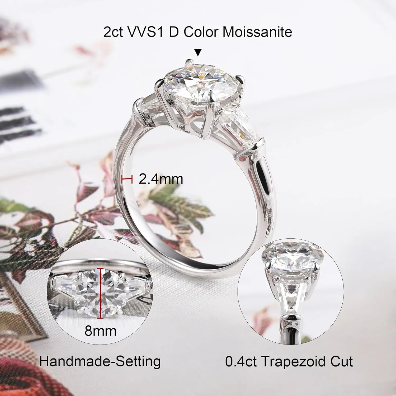 Ladylike Moissanite 3 Stone Engagement Rings for Women D Color VVS1 Round Cut Lab Created Diamond Rings 18K White Gold Plated Anniversary Wedding Promise Ring for Women
