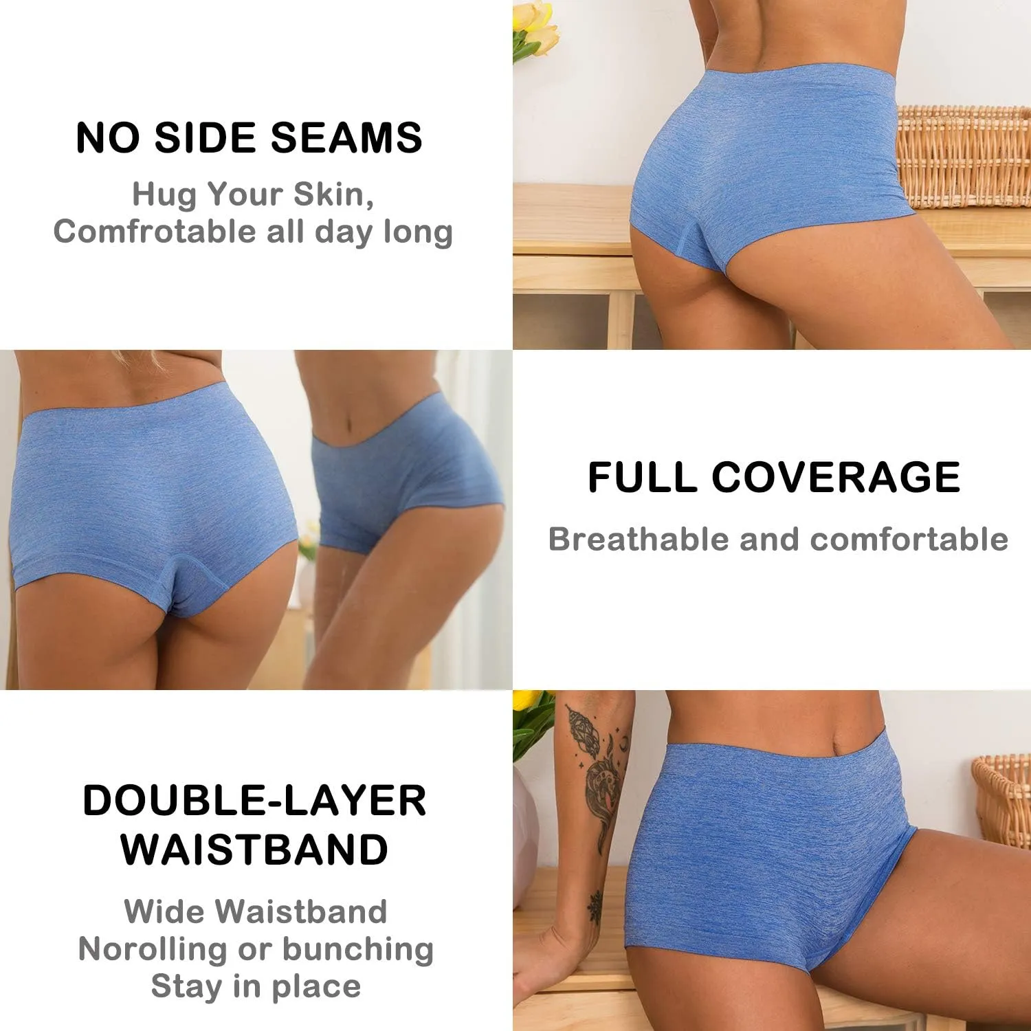 LALESTE Women's Boyshort Underwear Full Coverage Seamless Panties Soft Stretch Boxer Briefs 5 Packs