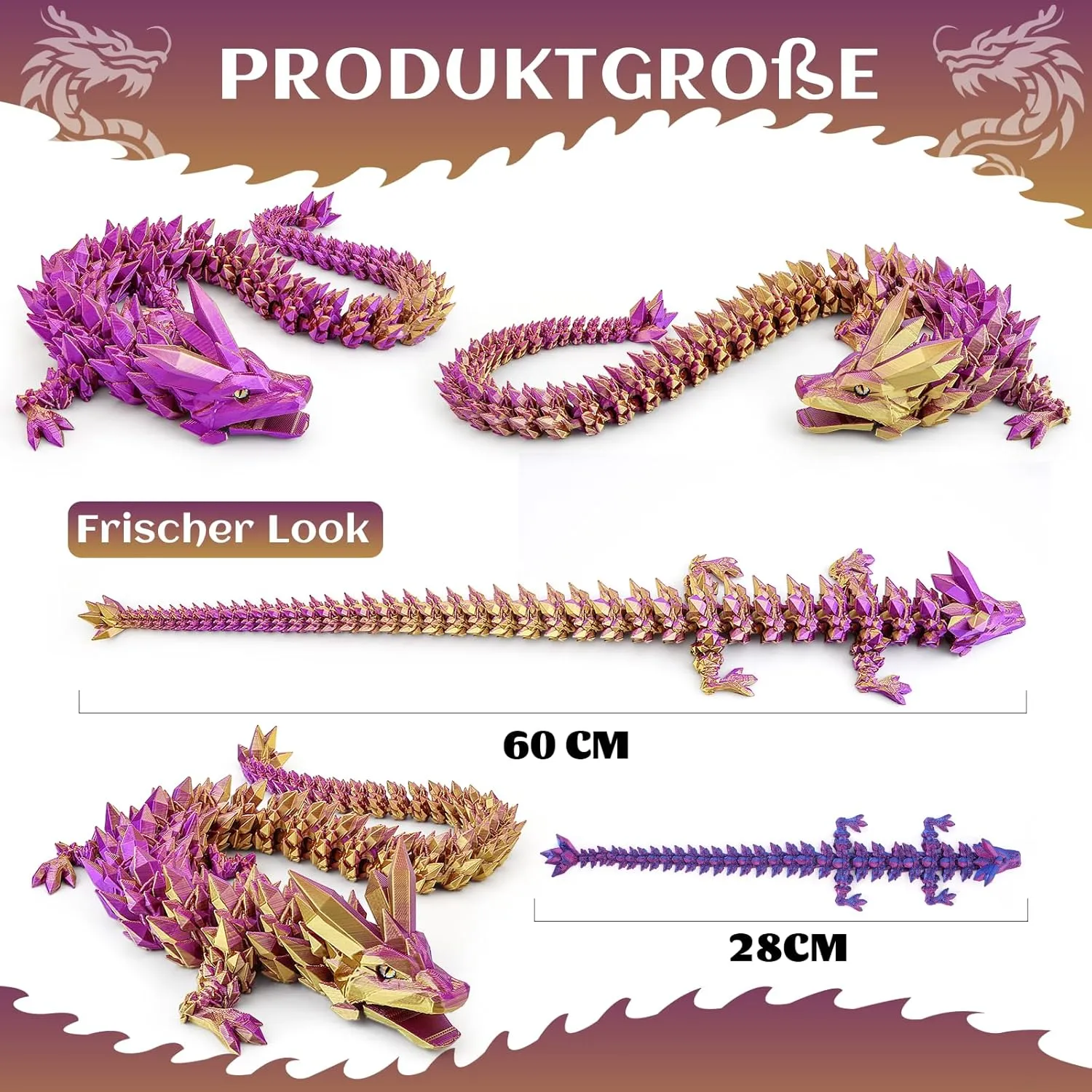 Large 3D Printed Dragon 24 inch- Articulated Crystal Dragon Toys, Big 3D Printed Animals ADHD Fidget Toy Gifts for Desk Decor, Perfect Desk Pet for Animal Collectors