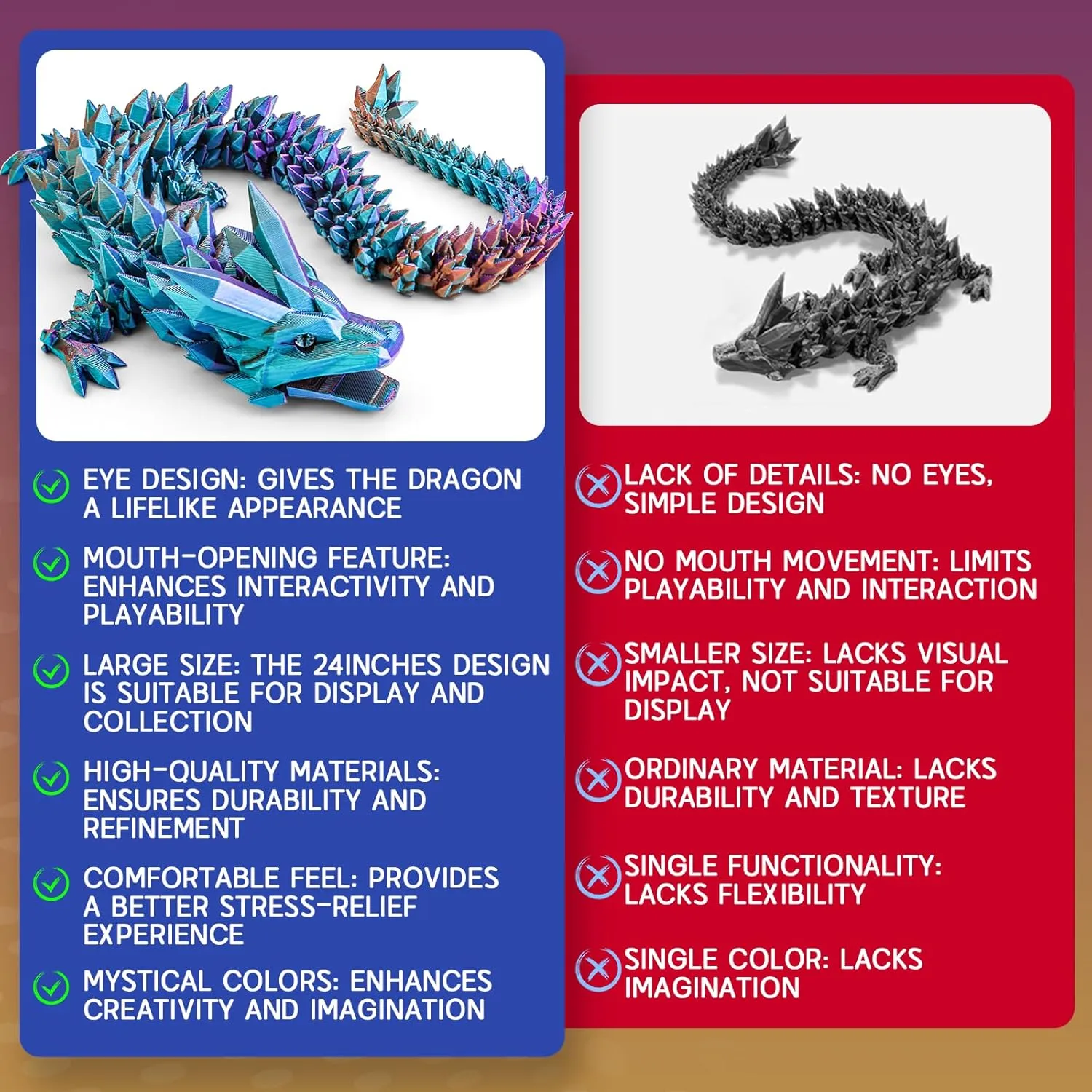 Large 3D Printed Dragon 24 inch- Articulated Crystal Dragon Toys, Big 3D Printed Animals ADHD Fidget Toy Gifts for Desk Decor, Perfect Desk Pet for Animal Collectors