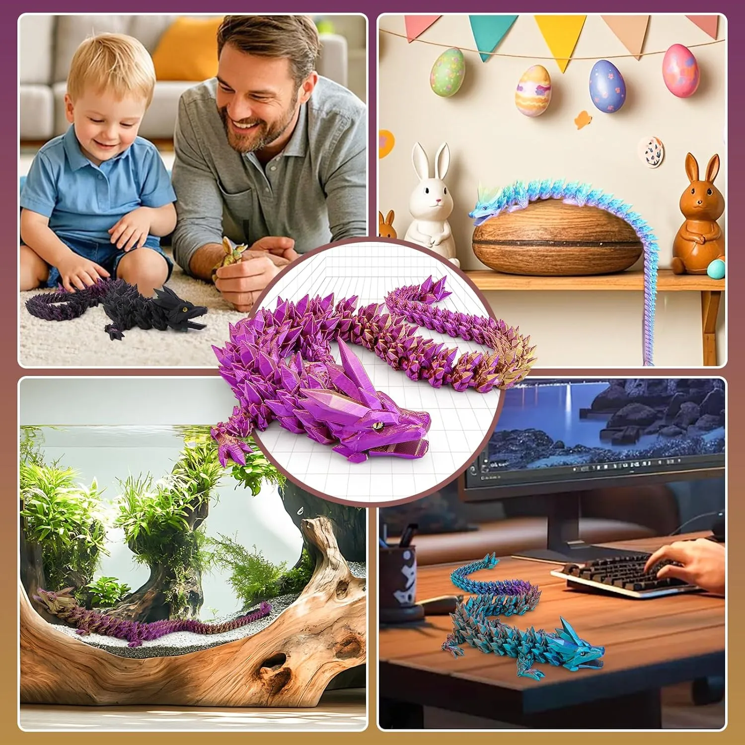 Large 3D Printed Dragon 24 inch- Articulated Crystal Dragon Toys, Big 3D Printed Animals ADHD Fidget Toy Gifts for Desk Decor, Perfect Desk Pet for Animal Collectors