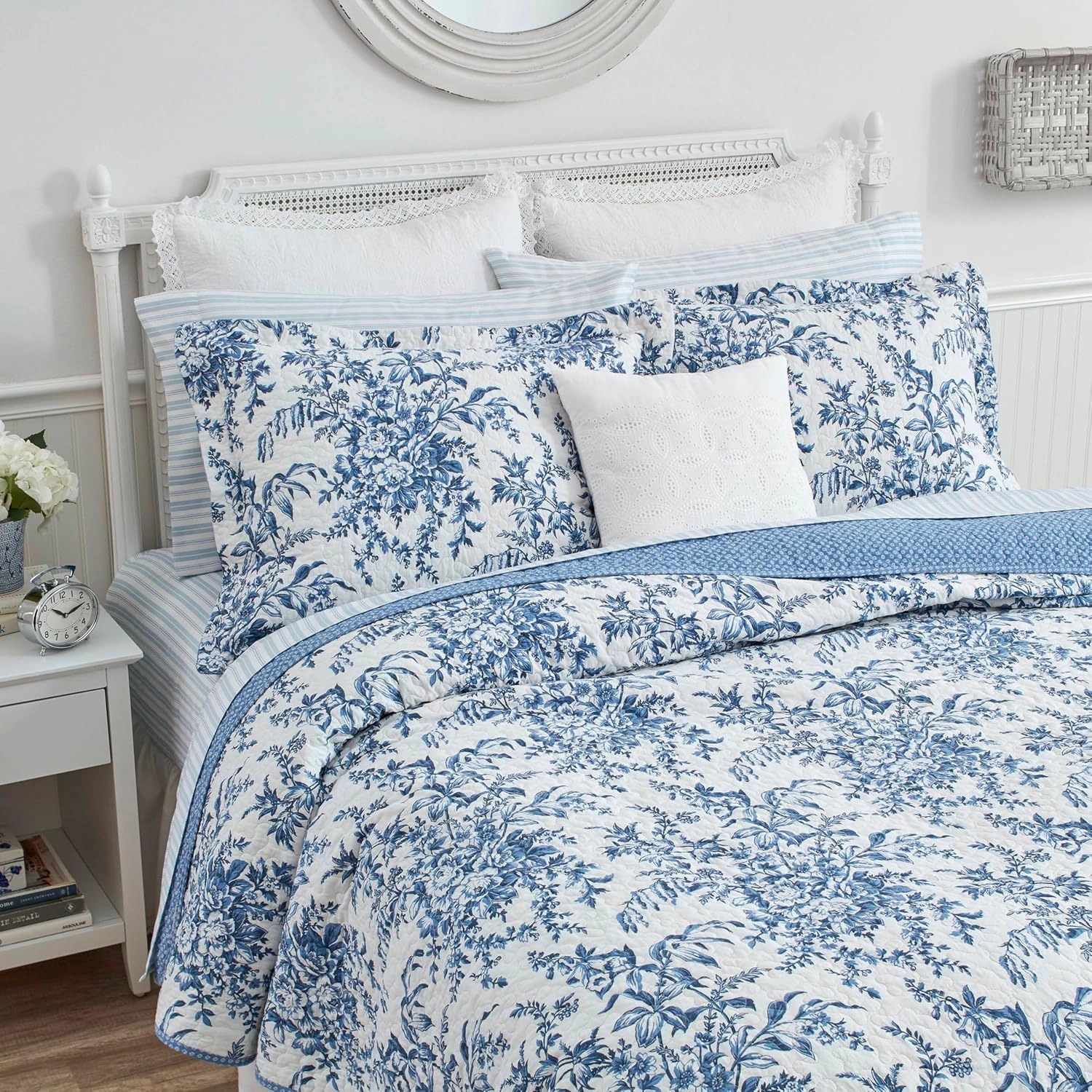 Laura Ashley - King Quilt Set, Reversible Cotton Bedding with Matching Shams, Home Decor for All Seasons (Bedford Delft Blue, King)
