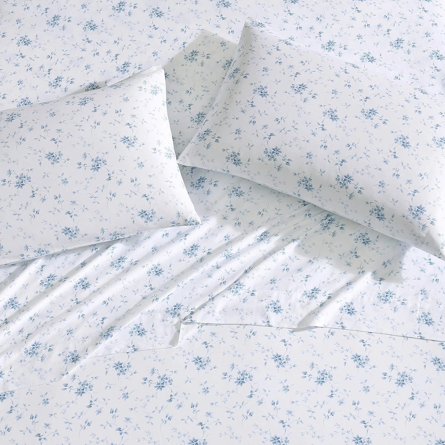Laura Ashley Home - Standard Pillowcase Set, Cotton Sateen Bedding, Smooth & Wrinkle-Resistant (Garden Muse Blue, 2 Piece)