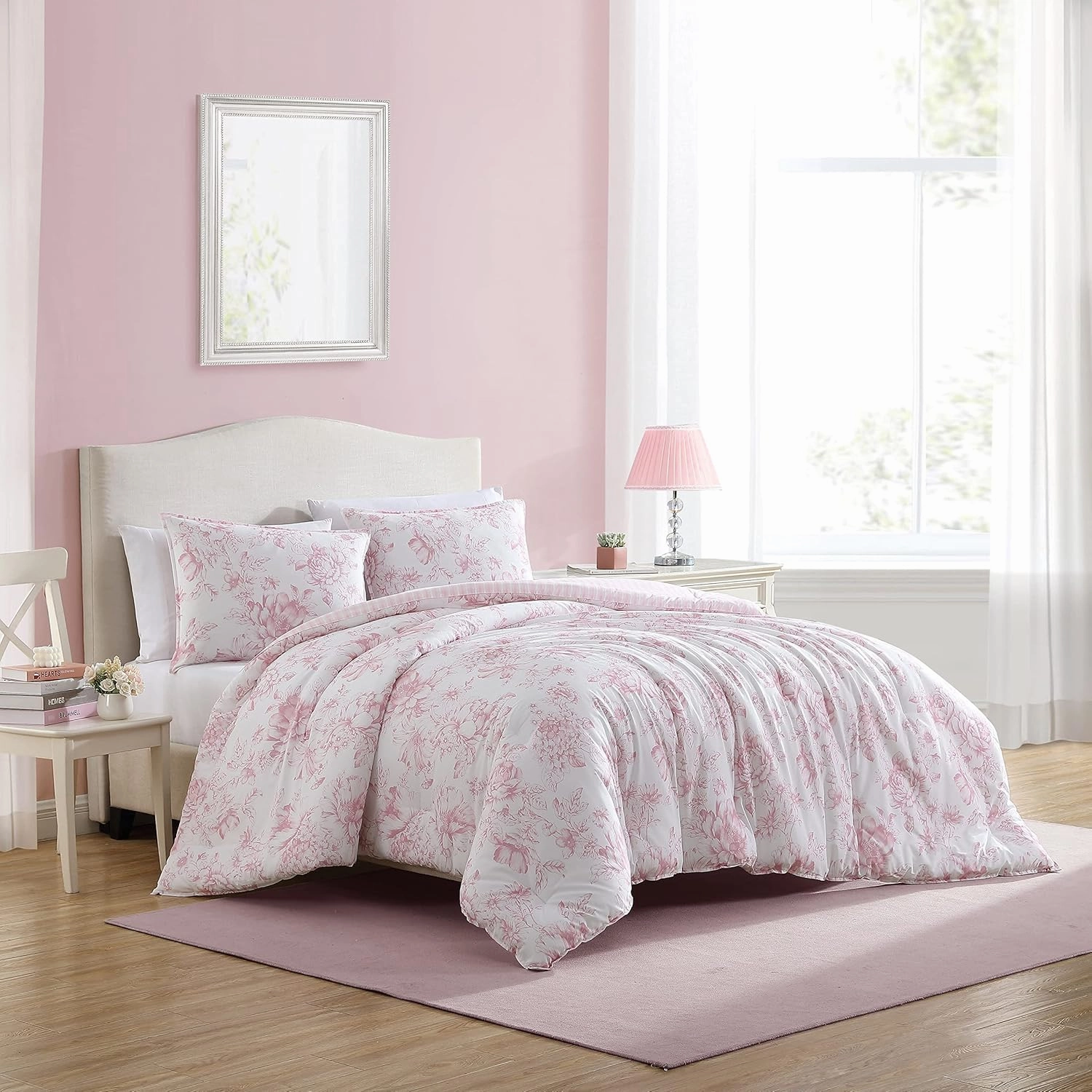 Laura Ashley- King Comforter Set, Reversible Cotton Bedding with Matching Sham(s), Dorm Essentials (Delphine Mauve Pink, King)