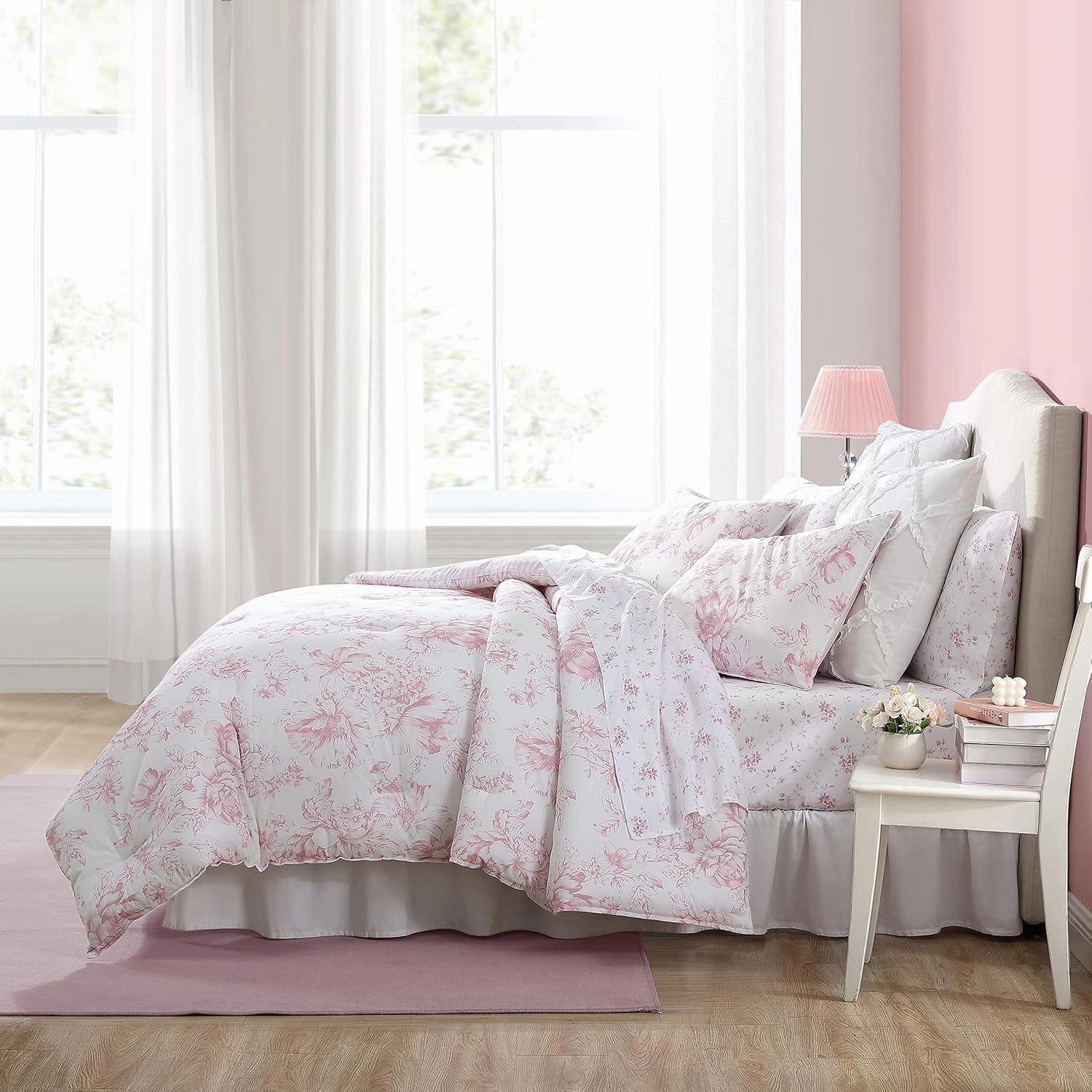 Laura Ashley- King Comforter Set, Reversible Cotton Bedding with Matching Sham(s), Dorm Essentials (Delphine Mauve Pink, King)
