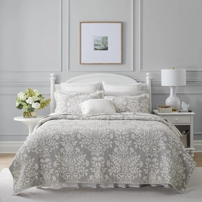 Laura Ashley Rowland Collection 100% Cotton, Reversible, All Season Bedding with Matching Sham, Pre-Washed for Added Comfort, Queen, Gray