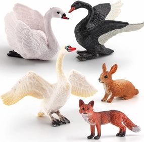 LC JoyCre 5PCS Swan Figurine Black Swan Figure Goose Toy Swan Toy Rabbit Fox Animal Figure for Toddlers Preschool Animals Figures Eduactional Project Diorama Model Toy for Kids 3 4 5 6